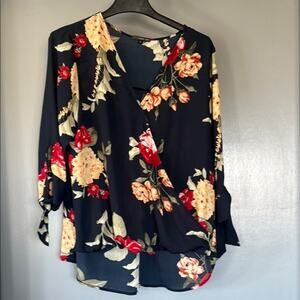 West Kei Women's Floral Pullover Faux Wrap Top 3/4 Sleeves with Bows sz XL